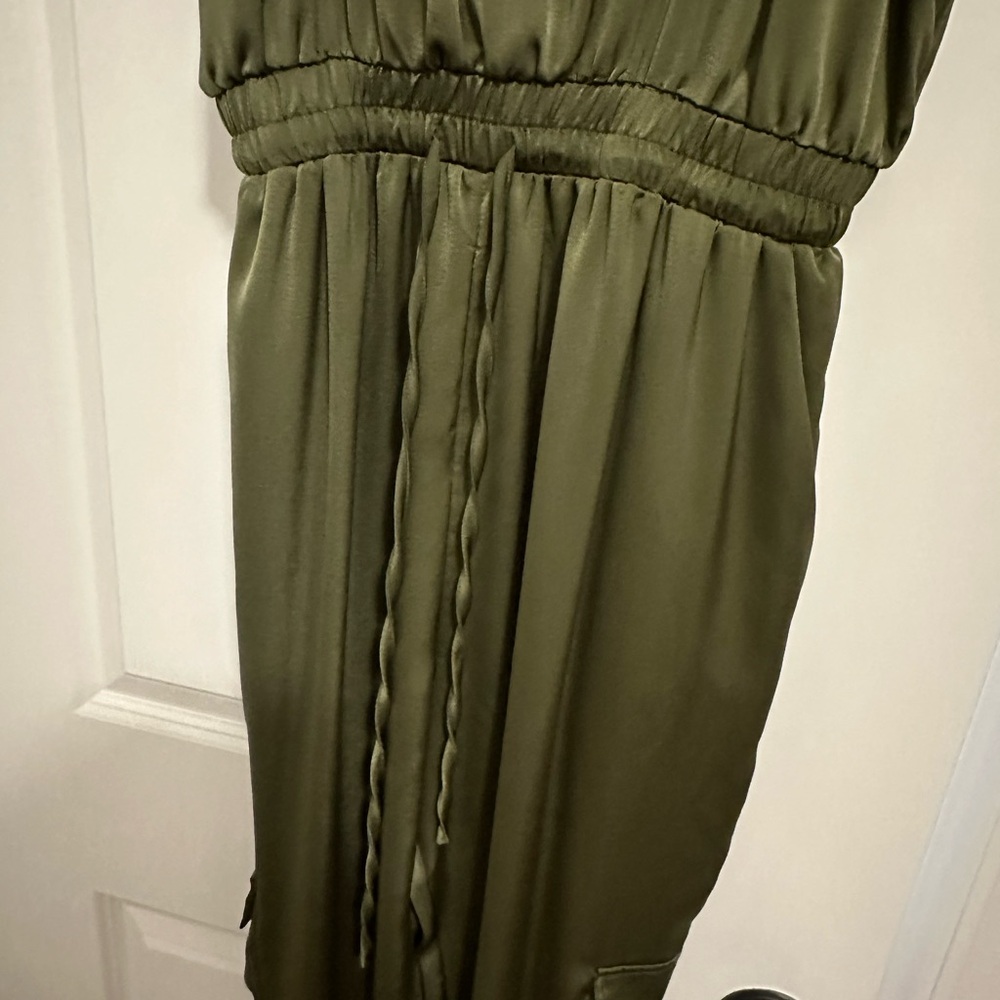 Olive green, silky, jumpsuit, size large.